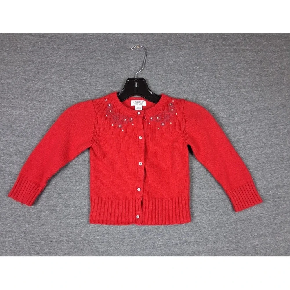 Osh‎ Kosh Girls Sweater 4 Red Knit Angora Wool Blend Cardigan Soft Embroidered